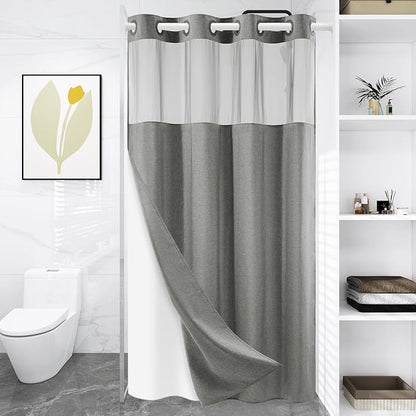 WONICY Stall No Hook Shower Curtain with Snap-in Liner, Grey, 54 x 80 | Ringless, Waterproof & Washable, Hotel Style, Mesh Top Window, Bottom Magnets, Thick, Farmhouse, for Bathroom