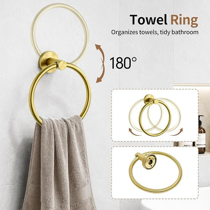 5-Piece Gold Bathroom Accessories Set Complete Wall Mounted | Includes Towel Bar, Paper Holder, Towel Ring, 2 Robe Hooks, durable gold finish and wall anchors