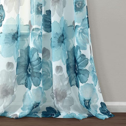 Lush Decor Leah Floral Sheer Window Curtain Panels Pair 52"W x 84"L Blue - Floral Curtains for Bedroom - Sheer Curtains for Living Room