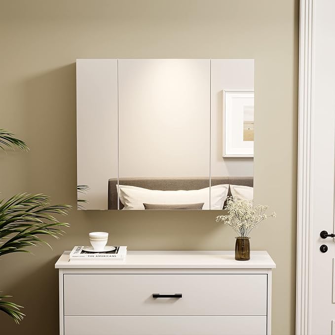 DICTAC Medicine Cabinet with Mirror & Storage - 27.6x23.6in Wall Mounted Cabinet with 3 Doors & Adjustable Shelves for Bathroom, Living Room, Kitchen - White