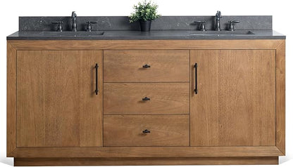 HOMEBEYOND 72" Bathroom Vanity with Double Sink & Ceramic Top, MDF Material Vanity Cabinet with Basin Combo, Soft-Closing Doors, Removable Shelf, Backsplash, Tan