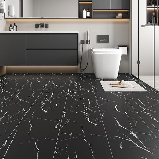 Peel and Stick Floor Tile 11.8” x 118” Vinyl Flooring Roll Cover 9.6 Sq.Ft. Waterproof Scratch-Resistant DIY Self-Adhesive PVC Flooring for Renter, Kitchen, Bathroom, RV, Black Marble