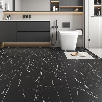 Peel and Stick Floor Tile 11.8” x 118” Vinyl Flooring Roll Cover 9.6 Sq.Ft. Waterproof Scratch-Resistant DIY Self-Adhesive PVC Flooring for Renter, Kitchen, Bathroom, RV, Black Marble