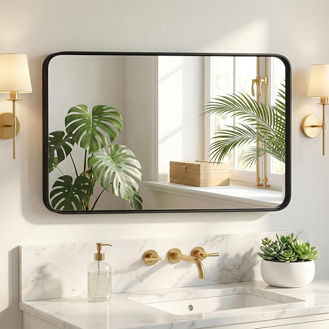NEWBULIG Bathroom Mirror, Vanity Mirror for Wall, 24x40 Inch | Matte Metal Framed, Tempered Glass, Over Sink, Entryway Living Room Bedroom, Black