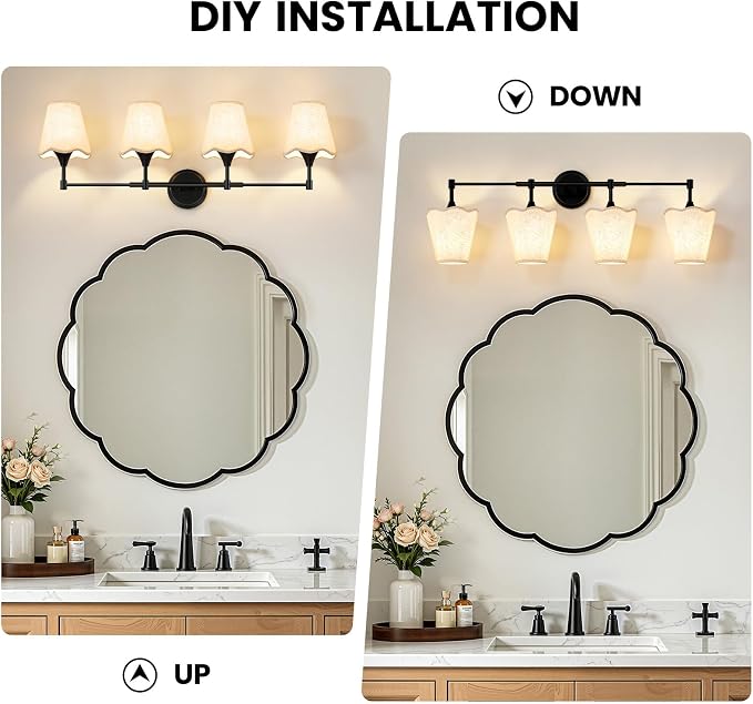 Modern Bathroom Vanity Light Fixtures: Matte Black Vanity Lights Over Mirror with Flared Fabric Shade, Farmhouse Bathroom Lighting Fixtures, 4 Light Wall Sconces Lights for Bedroom Hallway Living Room