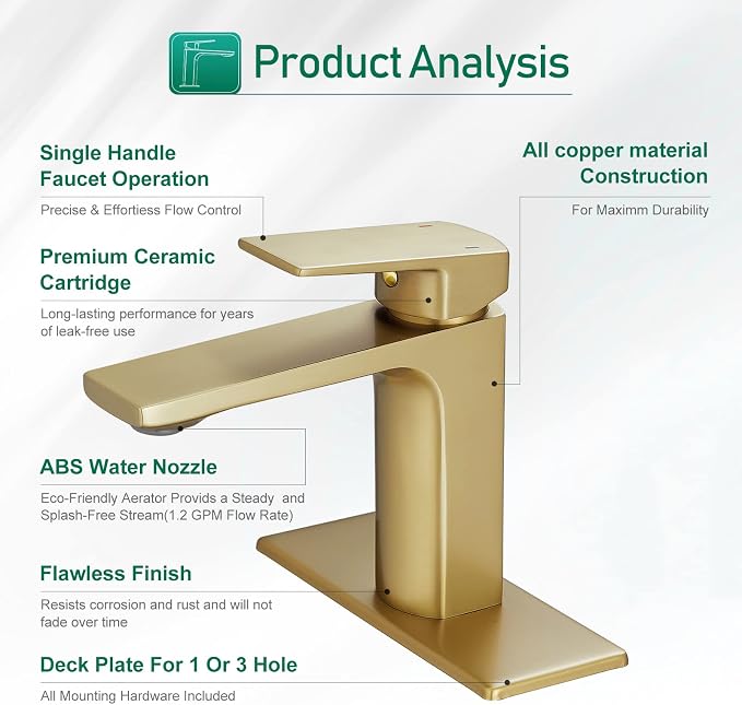 VOTON Brushed Gold Bathroom Sink Faucet Single Handle Bathroom Faucets for Sink 1 Hole Rv Lavatory Vanity Faucet with Deck Plate & Supply Hoses