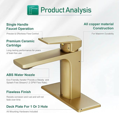 VOTON Brushed Gold Bathroom Sink Faucet Single Handle Bathroom Faucets for Sink 1 Hole Rv Lavatory Vanity Faucet with Deck Plate & Supply Hoses