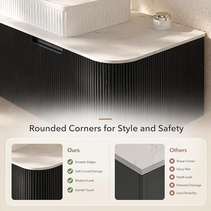 48 Inch Bathroom Vanity with Sink, Floating Wall Mounted Single Sink Vanity, Black Curved Fluted Front, Stone Top, White Textured Rectangular Vessel Basin, Pre-Assembled