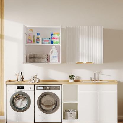 ChooChoo Bathroom Wall Cabinet, Laundry Room Cabinet with 2 Fluted Doors | Kitchen Storage Cupboard Cabinet with Adjustable Shelf, Fluted Wall-Mounted Medicine Cabinet for Kitchen, Garage, White