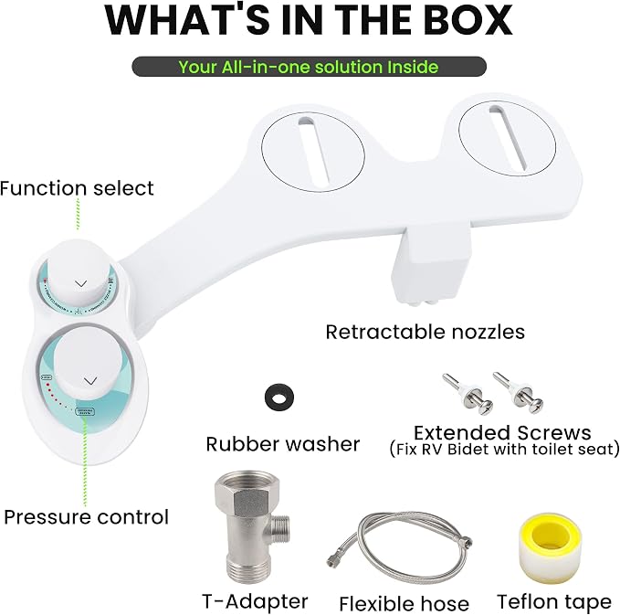 RV Bidet for Camper Toilet, Non-Electric Toilet Sprayer Attachment with Dual Nozzles, Adjustable Pressure, Front/Rear/Self Cleaning, Upgrade for Trailer, Motorhome, RV Bathroom (White Knob)