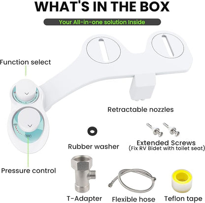 RV Bidet for Camper Toilet, Non-Electric Toilet Sprayer Attachment with Dual Nozzles, Adjustable Pressure, Front/Rear/Self Cleaning, Upgrade for Trailer, Motorhome, RV Bathroom (White Knob)