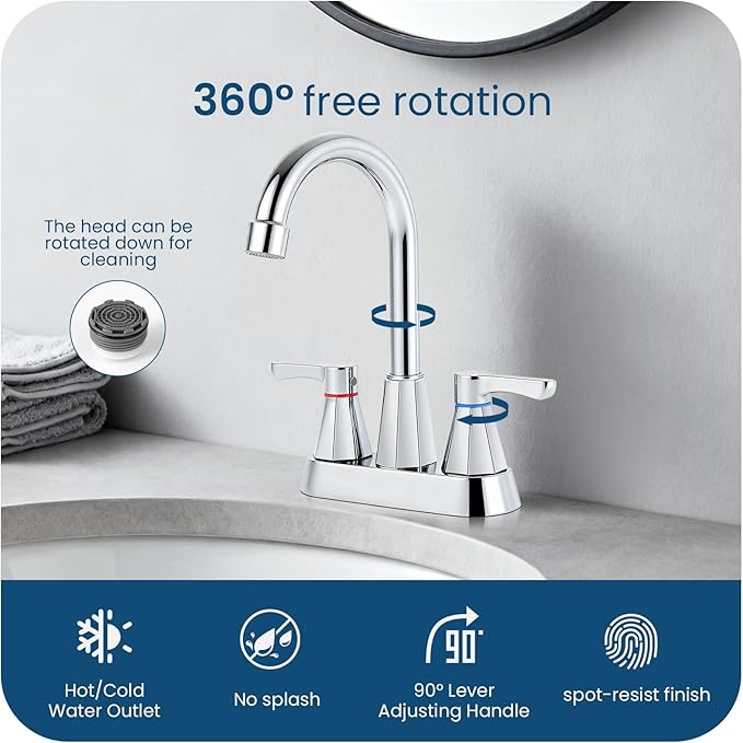 Polished Chrome Bathroom Faucet 3 Hole, 4 Inch 2-Handle Centerset Bathroom Sink Faucet, Faucet for Bathroom Sink 360° Swivel Bathroom Faucets RV Lavatory Vanity Faucet with Pop-up Drain