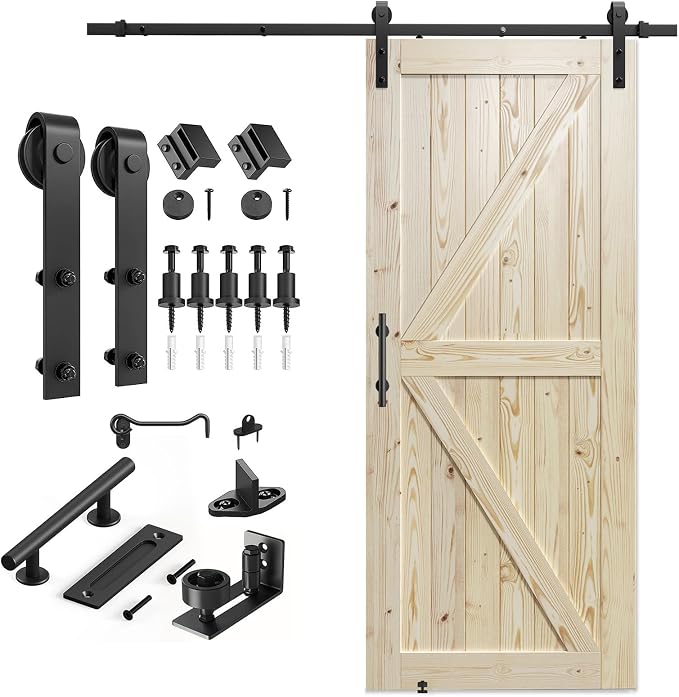 SMARTSTANDARD 36in x 96in Sliding Barn Door with 6.6ft Hardware Included | Fit Opening up to 32"x94", Unfinished Solid Spruce Wood Door, Assembly Required DIY,Stainable,Natural