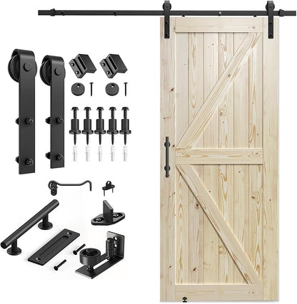 SMARTSTANDARD 36in x 96in Sliding Barn Door with 6.6ft Hardware Included | Fit Opening up to 32"x94", Unfinished Solid Spruce Wood Door, Assembly Required DIY,Stainable,Natural