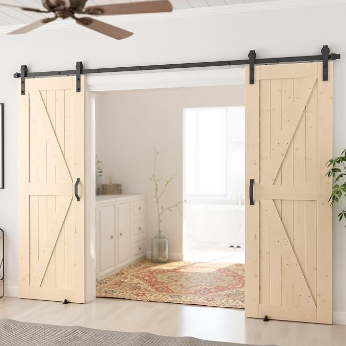 SmartStandard 28in x 80in Sliding Barn Wood Door Pre-Drilled Ready to Assemble, DIY Unfinished Solid Spruce Wood Panelled Slab, Interior Single Door Only, Natural, K-Frame (Fit 5FT Rail) | Pre-Drilled Ready to Assemble, DIY Unfinished Solid Spruce Wood...