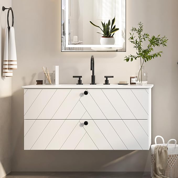 36 inch Bathroom Vanity with Sink, Floating Cabinet with Ceramic Sink, 2 Fluted Drawers Large Storage, Soft-Close Design, Modern (No Faucet)