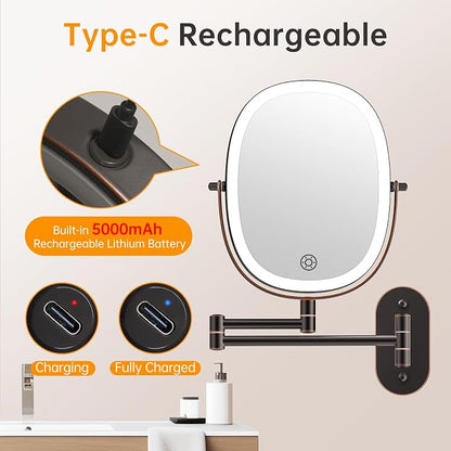 FUNTOUCH 5000mAh Rechargeable Wall Mounted Lighted Makeup Mirror, Bronze | Double Sided 30X/1X Magnifying Mirror Wall Mounted,Extended Arm 360°Rotation,Touch Dimmable,3 Color Lights for Bathroom
