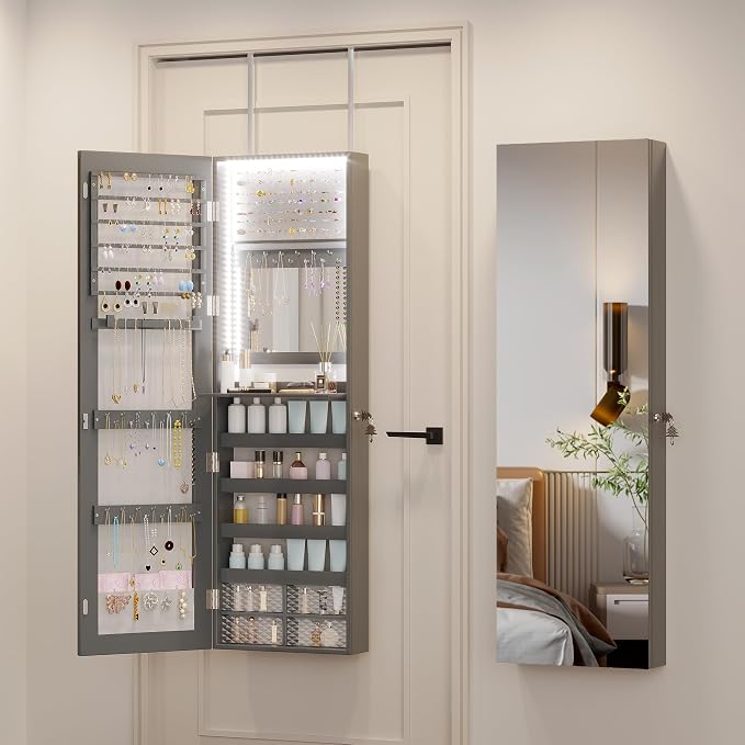 47.2" LED Jewelry Mirror Cabinet, Wall/Door Mounted Jewelry Armoire Organizer with Full Length Mirror, Large Storage Hanging Cabinet, 4 Drawers, 5 Shelves, Built-in Lighted Mirror (Grey)