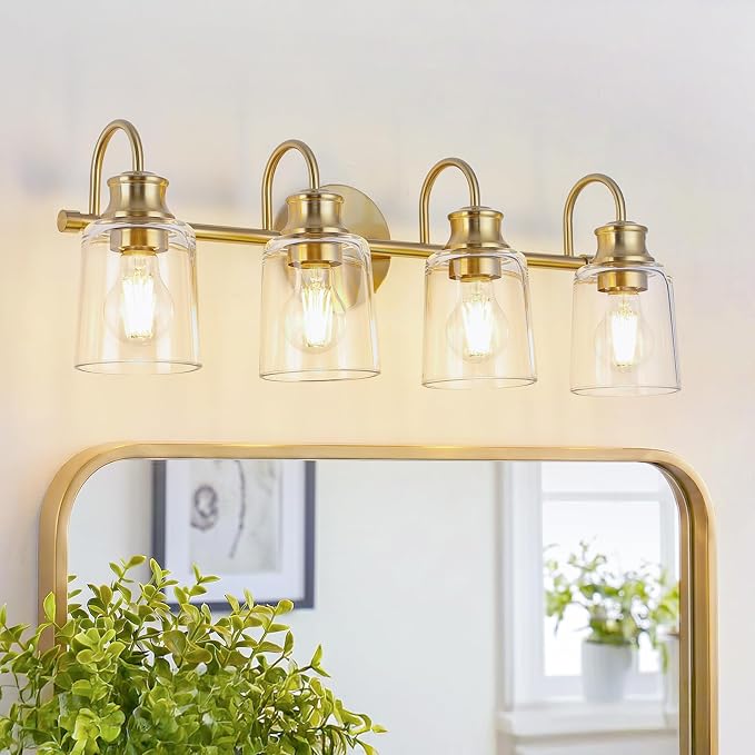 4 Lights Bathroom Light Fixtures Modern Gold Vanity Lights | ETL Certificate, Easy to Install,Wall Mount Up or Down,Thickened Glass Lampshade,E26 Socket,Hardwired