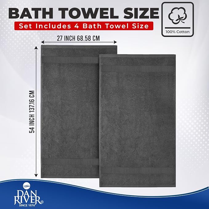 DAN RIVER 600 GSM Cotton Large Bath Towels Set of 4, 27 x 54 Inches, Gray | Larger & Lighter Weight Towels for Bathroom - Highly Absorbent & Quick Dry 100% Cotton Bath Towel Set for Home, Spa & Hotel