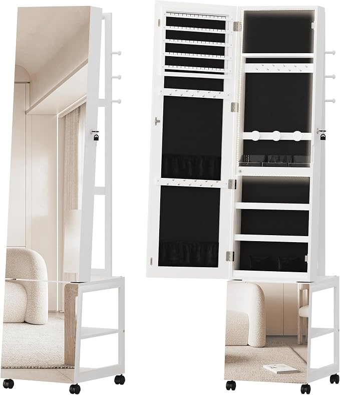 Hzuaneri Jewelry Cabinet with Light strip, 66.5-inch mirror Jewelry Armoire Standing with Garment Rack,Movable Full-length Mirror with Wheels,Lockable Storage Shelves with Hooks, White JC17103B
