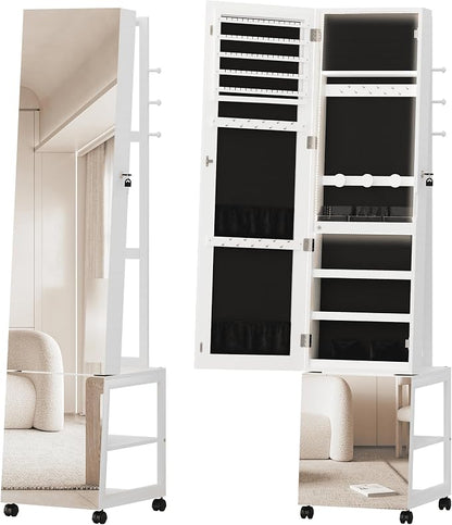 Hzuaneri Jewelry Cabinet with Light strip, 66.5-inch mirror Jewelry Armoire Standing with Garment Rack,Movable Full-length Mirror with Wheels,Lockable Storage Shelves with Hooks, White JC17103B