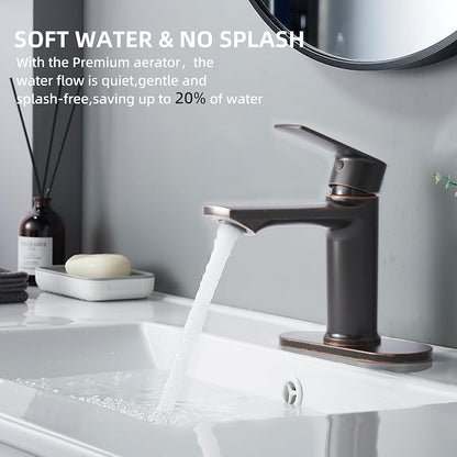 BELZ Bronze Bathroom Faucet, Lead-Free 1 or 3 Hole (4") Vanity Sink Faucet | NSF372 Certified, Rustproof & Splash-proof Aerator, Single Handle Modern Design with Pop-up drain & Hoses, Easy DIY Install