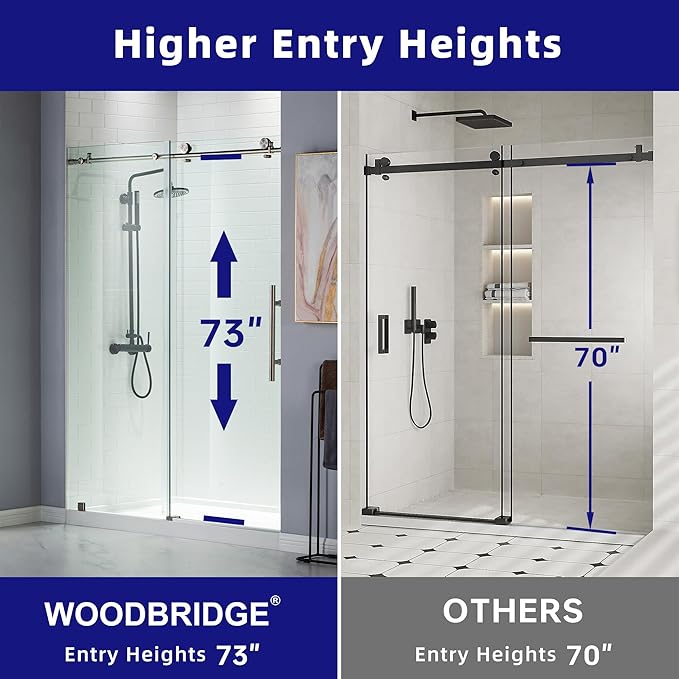 WOODBRIDGE 44-48"Wx76"H Frameless Shower Door,3/8(10mm)Clear Tempered Glass with Explosion-Proof Film, Brushed Nickel Finish with Smooth Closing Design