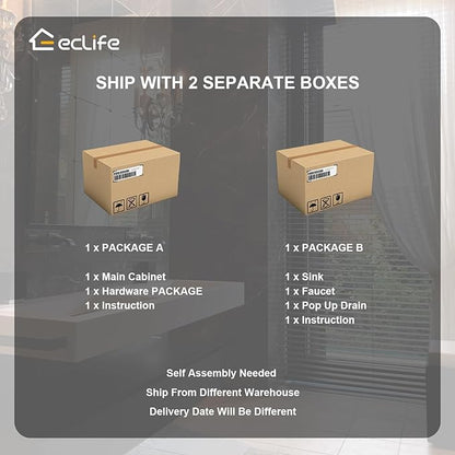 eclife 30" Floating Bathroom Vanity with Sink Combo Mid-Century Wall Mounted Cabinet with Wood Stripes Decor, Drawers, Undermount Single Sink, Faucet, Drain, Black