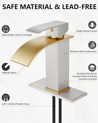 Midanya Bathroom Faucet with Waterfall Spout, Single Hole or 3-Hole Deck Mount, 304 Stainless Steel Sink Faucet with Pop-Up Drain, RV Vanity Compatible,Brushed Gold Spout/Brushed Nickel