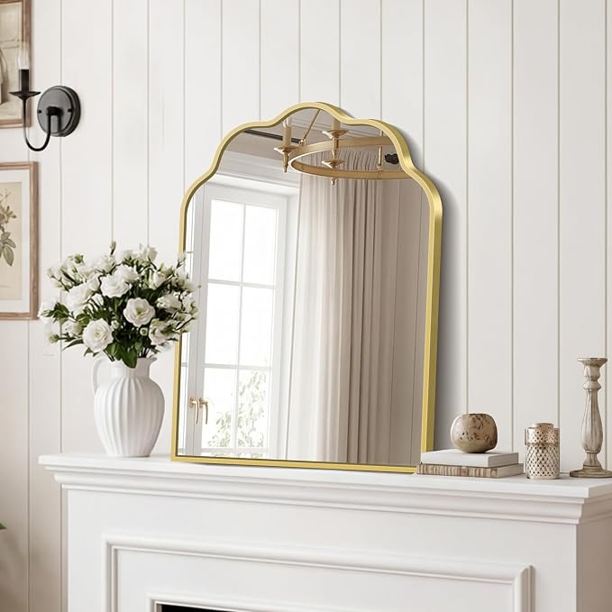 Gold Arched Mirror, 18×24Inch Scalloped Bathroom Mirror, Wavy Wall Mounted Vanity Mirror with Aluminum Alloy Frame for Livingroom Bedroom and Entryway, Tempered Glass