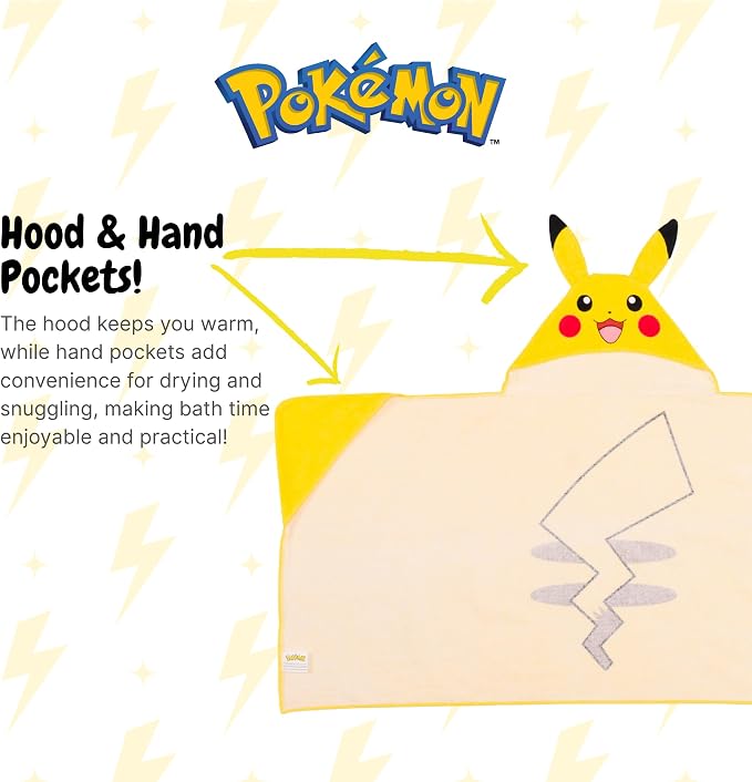 Pokemon Pikachu Kids Super Soft Bath/Pool/Beach Soft Cotton Terry Hooded Towel Wrap, 24 in x 50 in, (Officially Licensed Product) By Franco