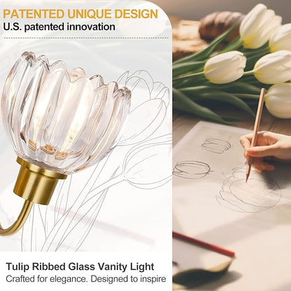 4-Light Bathroom Light Fixtures, 27" Brushed Gold Vanity Lights for Bathroom with Ribbed Clear Tulip Glass Shade, Vintage Bathroom Vanity Lighting Fixtures Over Mirror for Bedroom Living Room Hallway