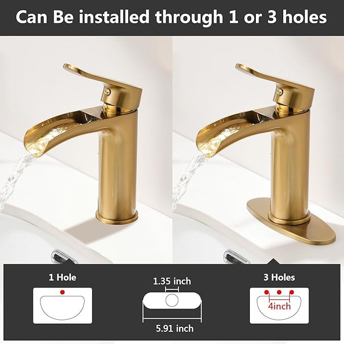 Gold Waterfall Bathroom Faucet - 4Inch Single Hole Bathroom Faucets Solid Brass Modern Single Handle Vanity Faucet for 1 Hole with Deck Plate & Overflow Pop Up Drain Brushed Gold