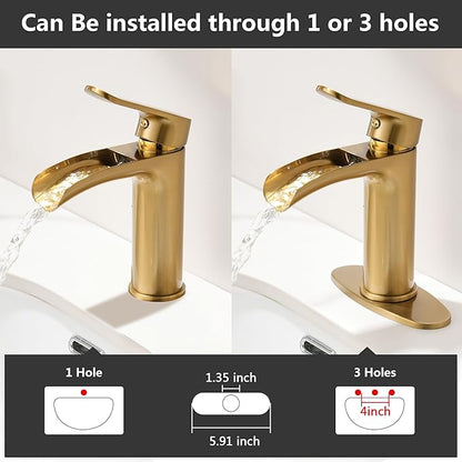 Gold Waterfall Bathroom Faucet - 4Inch Single Hole Bathroom Faucets Solid Brass Modern Single Handle Vanity Faucet for 1 Hole with Deck Plate & Overflow Pop Up Drain Brushed Gold