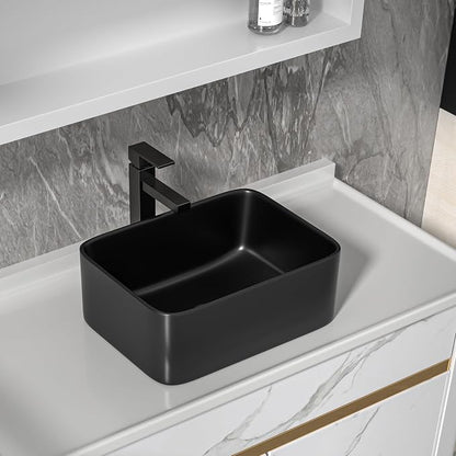 16"x12" Black Bathroom Vessel Sink Rectangular - Matte Black Porcelain Ceramic Rectangle Above Counter Vanity Lavatory Bath Sink Art Basin