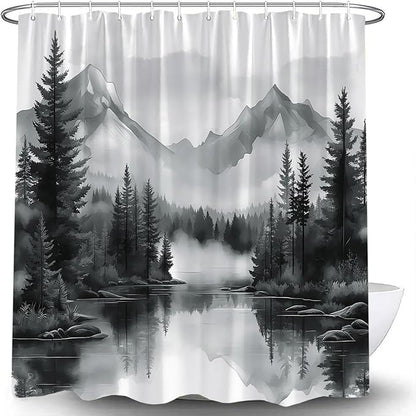 Black White Misty Forest Shower Curtain Mountain Foggy Pine Trees Landscape Watercolor Jungle Plant Rustic Nature Scenery Lake Fabric Bathroom Curtain Set with Hook