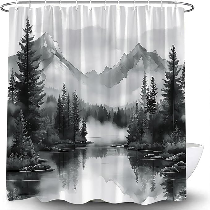 Black White Misty Forest Shower Curtain Mountain Foggy Pine Trees Landscape Watercolor Jungle Plant Rustic Nature Scenery Lake Fabric Bathroom Curtain Set with Hook