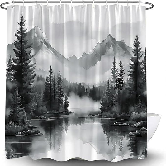 Black White Misty Forest Shower Curtain Mountain Foggy Pine Trees Landscape Watercolor Jungle Plant Rustic Nature Scenery Lake Fabric Bathroom Curtain Set with Hook