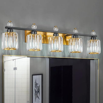 Bathroom Vanity Lights 5-Light Black Gold Modern Crystal Vanity Light Fixtures Over Mirror Crystal Bathroom Vanity Lighting Fixtures