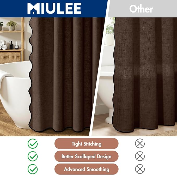 MIULEE 84" Long Brown Scalloped Linen Shower Curtain 72W x 84L | 12 metal hooks, Linen scalloped, waterproof washable, thick heavy cloth, black border, boho farmhouse, bathroom hotel use