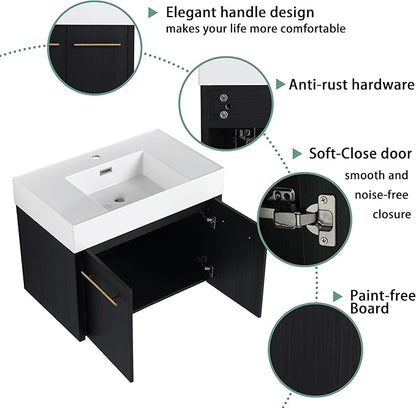 30 Inch Floating Bathroom Vanity,30" Bathroom Vanity with Sink,Modern Single Sink Bathroom Vanity Combo,Black Wall Mounted Cabinet Set