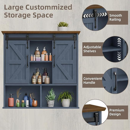 Vabches Bathroom Wall Cabinet, Farmhouse Medicine Cabinet, Navy Blue | Wooden Vintage Storage Cabinet Wall Mounted with Double Sliding Barn Door and Adjustable Shelf for Bathroom, Kitchen