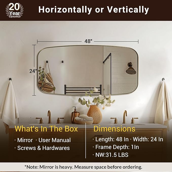 24x48 Gold Bathroom Mirror, Oblong Brass Mirror with Stainless Steel Metal Frame, Brushed Gold Oval Vanity Mirror for Over Sink, Modern Anti Rust Wall Mounted