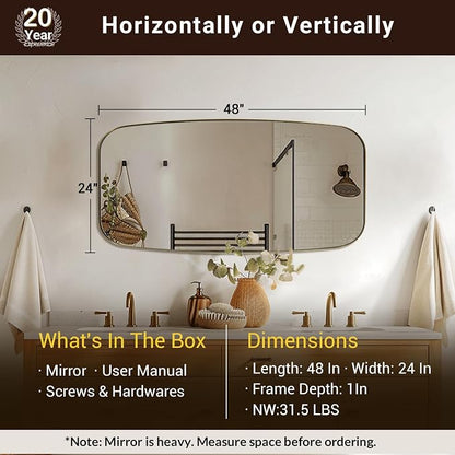 24x48 Gold Bathroom Mirror, Oblong Brass Mirror with Stainless Steel Metal Frame, Brushed Gold Oval Vanity Mirror for Over Sink, Modern Anti Rust Wall Mounted
