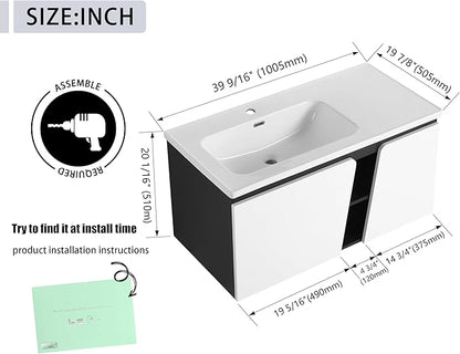 40 Inch Bathroom Vanity with Sink, 40" Floating Bathroom Vanity, Plywood Wooden Cabinet with Soft Close Doors, Modern Wall Mounted Cabinet Set, Ceramic Sink Included