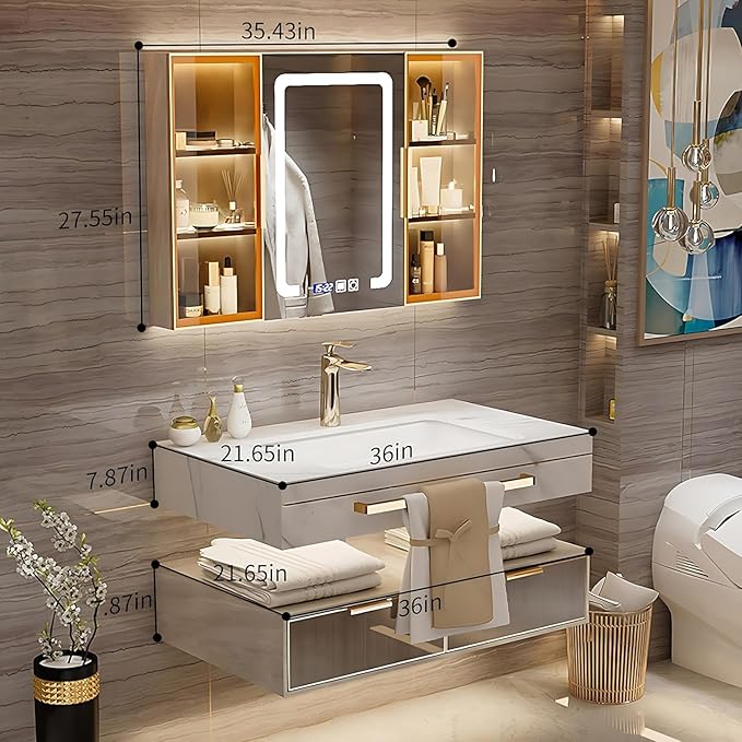 Bathroom Vanity with Sink - Single/Double Sink Bathroom Vanity & LED Fog Removal Mirror Cabinet, Modern Design, Wall-Mounted Floating Vanity (Single Sink, 36")