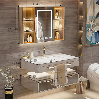 Bathroom Vanity with Sink - Single/Double Sink Bathroom Vanity & LED Fog Removal Mirror Cabinet, Modern Design, Wall-Mounted Floating Vanity (Single Sink, 36")