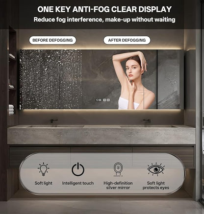 Double Sink Bathroom Vanity, Wood Looking Bath Vanity Includes Smart Anti-Fog Mirror Cabinet, Slate Countertop and One-Piece Sink, Wall Mounted Vanities with Soft-Close Drawers (Dark Walnut,96")