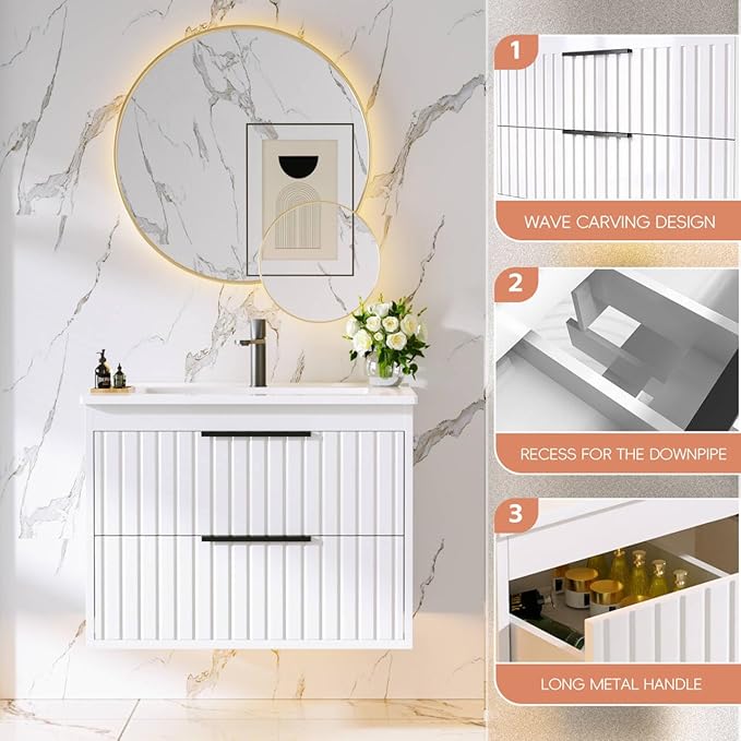 24" Bathroom Vanity with Sink, Floating Vanity Bathroom Sink Cabinet Wall Mount, Soft-Close Function 2 Large Drawers, Grooved Stripe Design, Hidden Damping Drawers, White